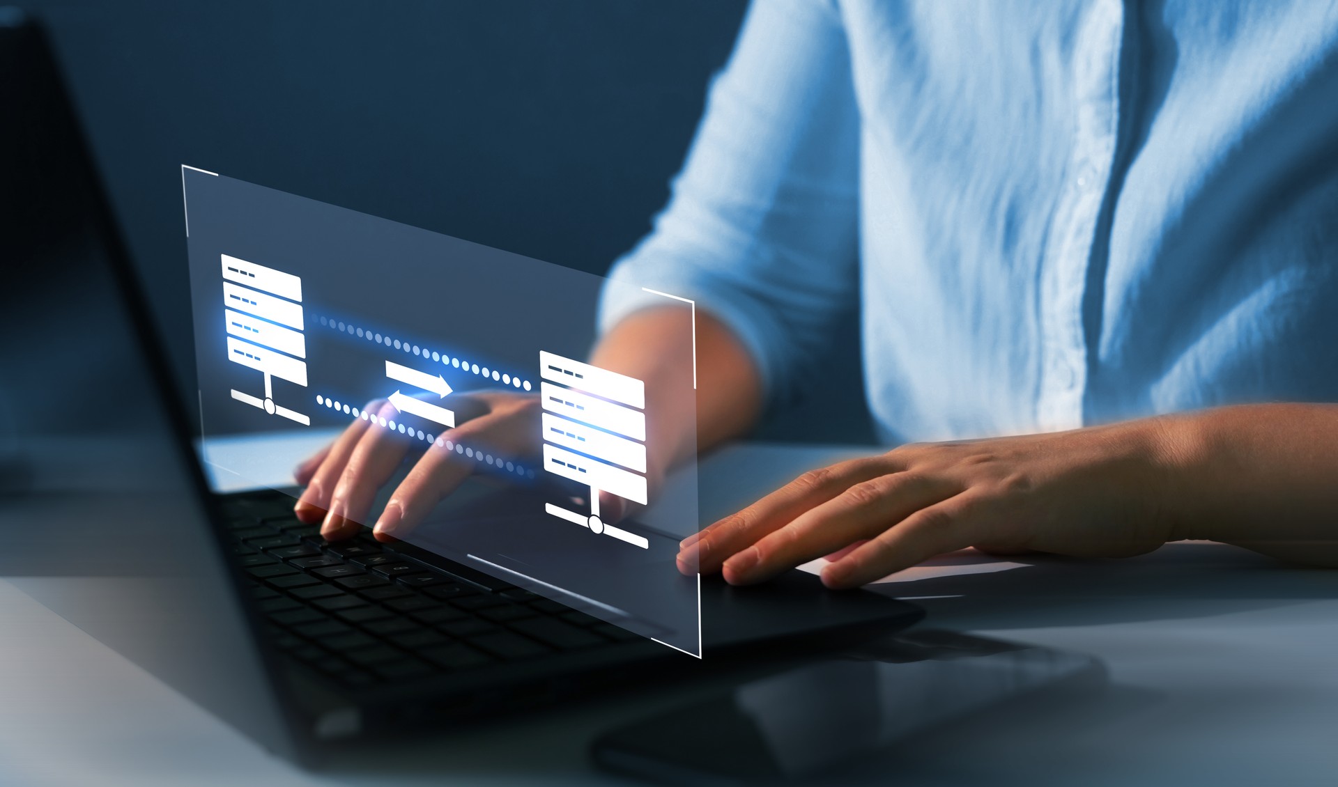 Transfer data to a server or hosting service.Data transfer concept. FTP(File Transfer Protocol).